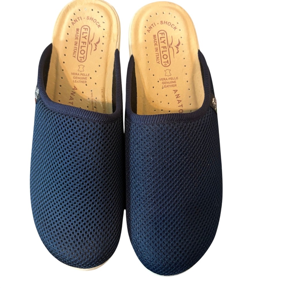 Fly Flot Womens Navy Blue Mesh Comfort Mules Italy Anti-Shock Leather Insole 41